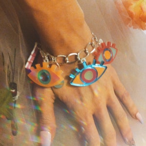 Colorful Neon Evil Eye Acrylic Charm Bracelet with Thick Silver Chain, Plastic Laser Cut Jewelry