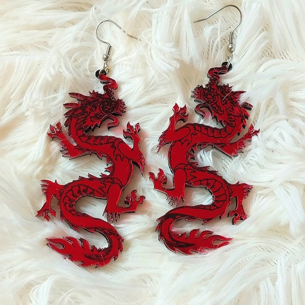 Mirror Red and  Black Acrylic DRAGON Earrings With Silver Hypoallergenic Earring Hooks, Plastic Earrings, Acrylic Jewelry