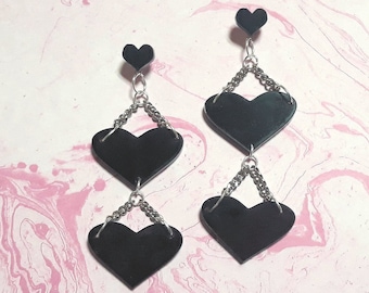 BROKEN HEARTS CLUB: Vertical Black Hearts Chain Connector Earrings With Hypoallergenic Earring posts // Statement Acrylic Earrings