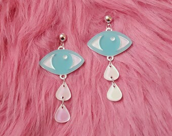 Pastel Blue and Iridescent Crying Eyes Acrylic Statement Earrings with Hypoallergenic Studs, Acrylic Earrings, Plastic Laser Cut Jewelry