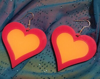 Psychedelic Hippie Heart Earrings Acrylic Hypoallergenic Earrings with Matching Orange Tone Earring Posts, Hooks, or Clip-ons Cute Statement