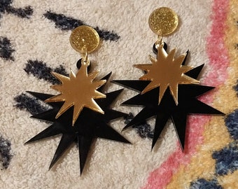 Glittery Gold and Black Galaxy STARBURST Acrylic Earrings with Round Circle Posts, Earring Hooks, Clip-ons, Laser Cut Jewelry