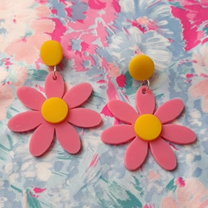 Candy Pink and Yellow Daisy Earrings with Circular Earring Posts, Hypoallergenic Ear Studs, Acrylic Laser Cut Jewelry