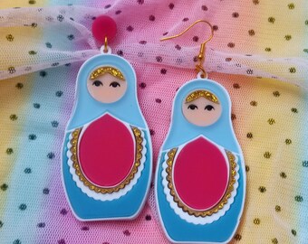 Colorful Acrylic Nesting Doll Statement Earrings -- Available as Clip Ons, Earring Hooks, Earring Posts