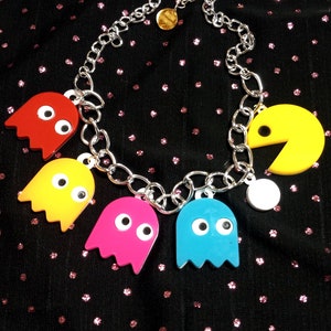 Colorful Arcade Pac Man Ghost Acrylic Charm Necklace, Silver Chain with 3" Extender, Plastic Laser Cut Jewelry