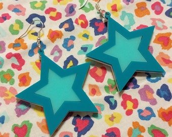 Cute Pastel & Neon Star Acrylic Earrings with Silver Hypoallergenic Ear Wire, Two Toned Teal and Mint Green, Posts, Hooks, or Clip-ons