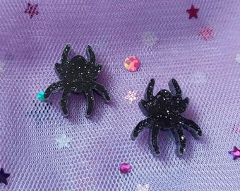 Black Glittery Sparkle Spider Stud Earrings with Hypoallergenic Earring Posts