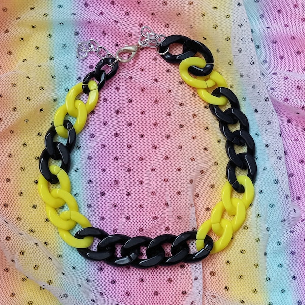 Punk Black and Neon Yellow , Colorful Large Thick Plastic Links,  Adjustable Choker