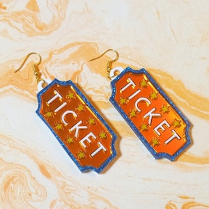 Colorful Circus TICKET Entry Acrylic Earrings in Orange, White, Yellow, Glitter Blue, With Gold Plated Earring Hooks // Plastic Jewelry