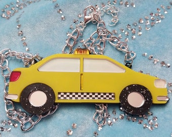 Colorful TAXI CAB Acrylic Statement Necklace with Silver Chain and 3" Extender, Plastic Jewelry, kitch, cute