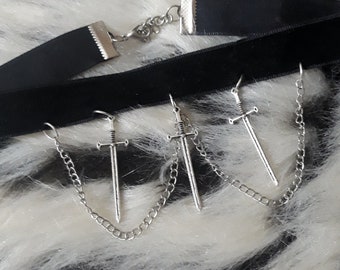 Black Velvet Sword and Chain Adjustable Goth Choker Necklace