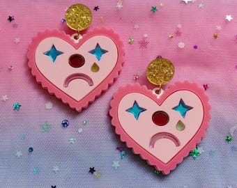 Pink Sad Clown Heart Earrings, Pastel Goth Kawaii Y2K Statement Jewelry