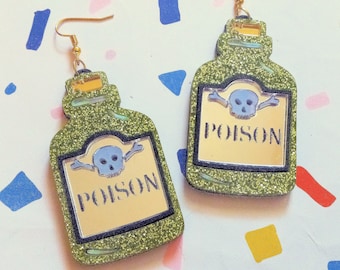 Laser Cut Etched POISON BOTTLE Hypoallergenic Earrings with Glittery Green, Iridescent, Gold, Marble White Acrylic