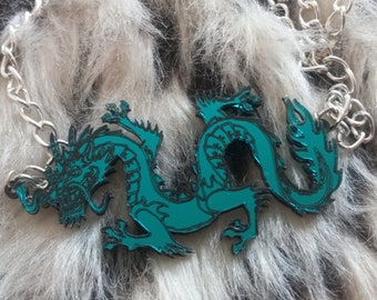 Mirror Teal Acrylic DRAGON Necklace with Silver Chain and Clasp with 3" Extender - Acrylic, Laser Cut, Plastic Jewelry,