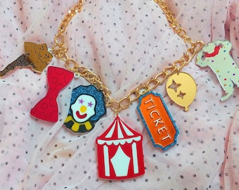 Colorful Clown / Circus Theme Acrylic Charm Necklace, Gold Chain with 3" Extender, Plastic Laser Cut Jewelry