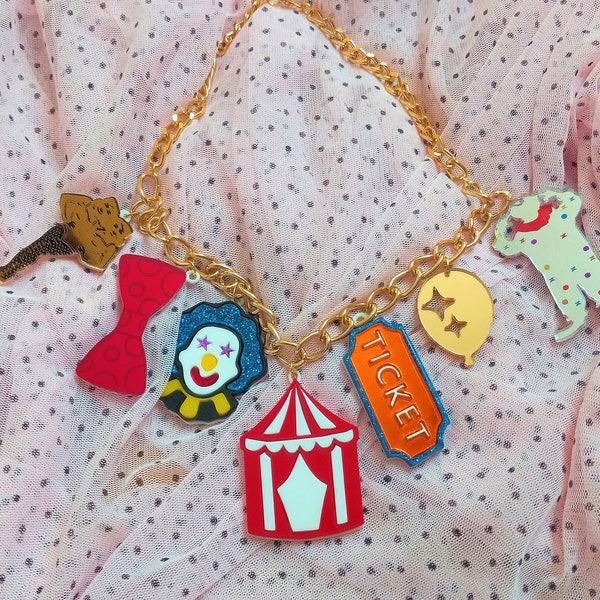 Colorful Clown / Circus Theme Acrylic Charm Necklace, Gold Chain with 3" Extender, Plastic Laser Cut Jewelry