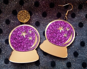 Glittery Fuchsia & Gold CRYSTAL BALL Acrylic Earrings - Available with Gold Hypoallergenic Earring Hooks /Wrap Around Ear Wire/ Clip-Ons