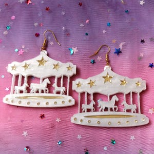 Laser Cut Marble White and Mirror Gold Carousel Earrings With Hypoallergenic Earring Hooks