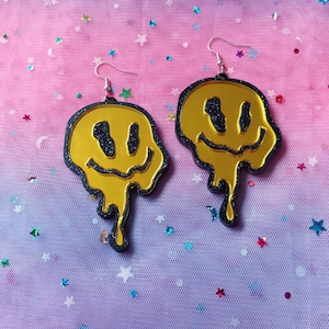 Drippy 90s Smiley Face Earrings, Black Glitter and Mirror Yellow Acrylic Earrings, Plastic Jewelry