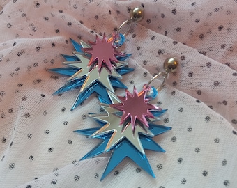 Dangly Triple Galaxy Pastel STARBURST Acrylic Earrings in Mirror Pink, Blue, and Silver acrylic with Silver Dome Earring Posts