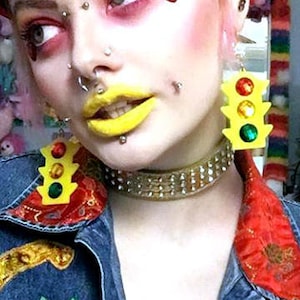 Colorful TRAFFIC LIGHT Acrylic Earrings with Rhinestone Earring Wire / Wrap Around Hooks , stoplight, acrylic, laser cut jewelry