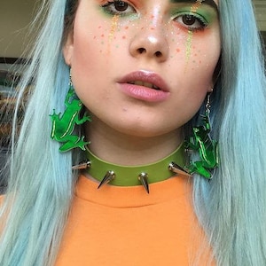 Mirror Green Frog Earrings: Gold Acrylic, Hypoallergenic Hooks