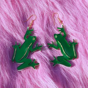 Multi-color FROG Earrings With Mirror Green and Gold Acrylic Plastic Laser Cut Earrings with Gold Hypoallergenic Earring Hooks / Ear Wire image 2