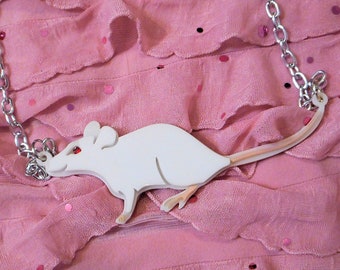 White Rat Acrylic Necklace with Red Rhinestone Eye, Silver Chain with 3" Extender, Plastic Jewelry