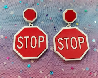STOP Sign Laser Cut Acrylic Earrings--Hypoallergenic Studs, Earring Hooks or Ear Wire-- Costume Jewelry