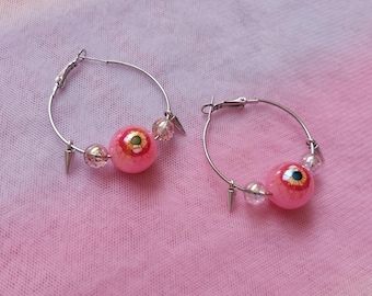 Pink Eyeball Hoop Earrings with Silver Spikes, Pastel Goth Jewelry