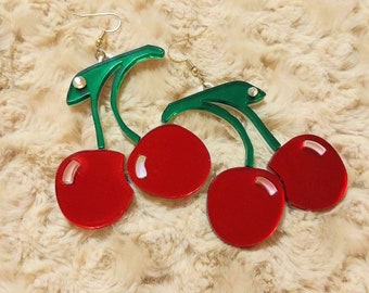 Cute CHERRY Acrylic Earrings in Red, White, Green With Silver Hypoallergenic Earring Hooks // Plastic Jewelry