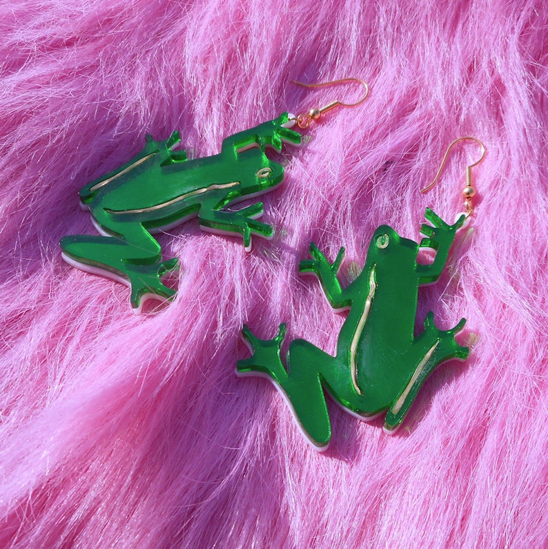 Multi-color FROG Earrings With Mirror Green and Gold Acrylic Plastic Laser Cut Earrings with Gold Hypoallergenic Earring Hooks / Ear Wire image 7