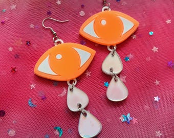 Neon Orange Eye Teardrops Acrylic Earrings: Shimmery Teardrop Charms
