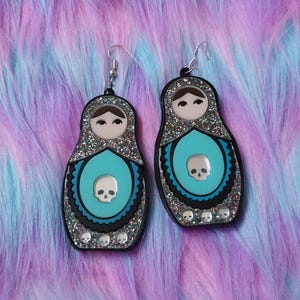 Acrylic Glittery Goth Nesting Doll Earrings - Hypoallergenic Clip Ons, Hooks, Earring Posts - Colorful Creepy Cute Statement Earrings