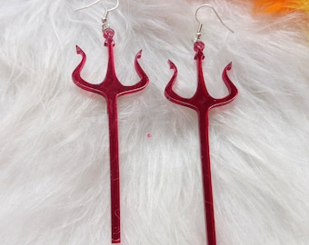 Mirror Red Satan / Trident / Pitchfork Acrylic Earrings with Silver Hypoallergenic Earring Hooks // Laser Cut Acrylic Jewelry