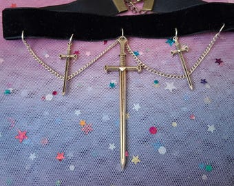 gothic Black Velvet Sword and Chain Adjustable Goth Choker Necklace