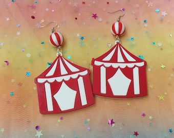 Circus Tent Statement Earrings: Red & White Striped Beads, Hypoallergenic Hooks