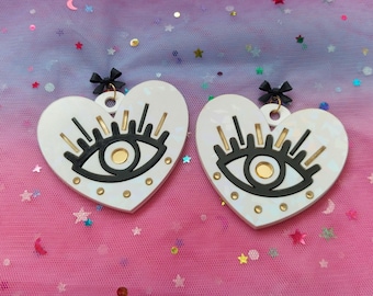 Glittery White Evil Eye Heart Earrings: Laser Cut Acrylic Studs
