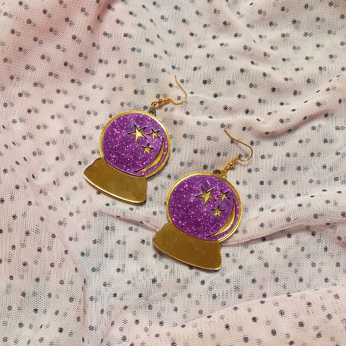Glittery CRYSTAL BALL Emoji Earrings With Fuchsia and Gold Etsy