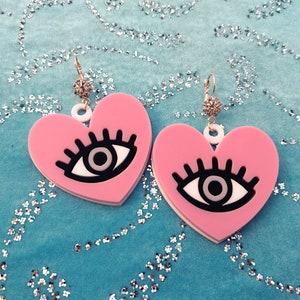 Heart and Eye Unique Statement Acrylic Earrings -- Pastel Pink and Black Laser Cut Earrings with Rhinestone Earring Hooks // Ear Wire