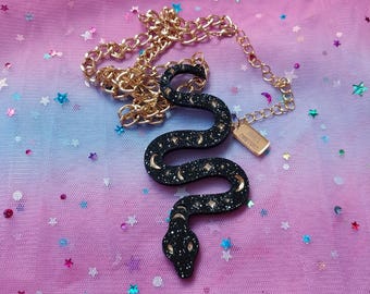Long Glittery Black Acrylic Snake Pendant Necklace with Witchy Gold Details and Gold Chain