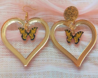 Pretty Gold + Yellow Butterfly & Heart Earrings // Pick From earring Hooks, Ear Wire, or Circular Earring Posts // Love, 90s, laser cut
