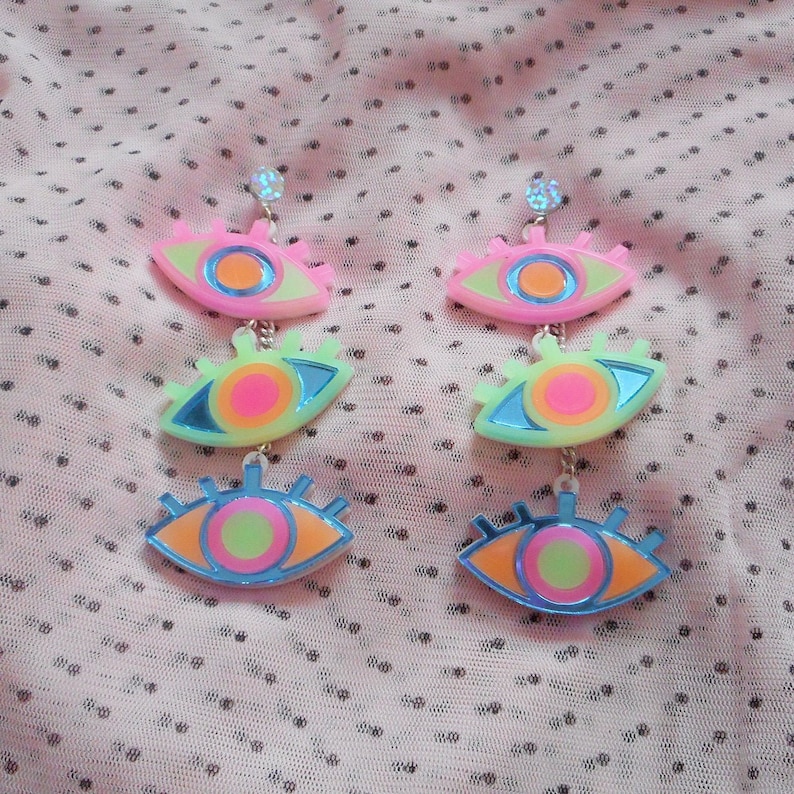 Colorful Neon Third Eye / Evil Eye Dangle Earrings with hypoallergenic Studs, Acrylic Earrings, Plastic Laser Cut Jewelry image 1