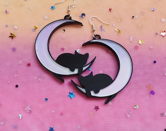 Iridescent Crescent Moon Kitten Earrings: Witchy Acrylic Statement Jewelry