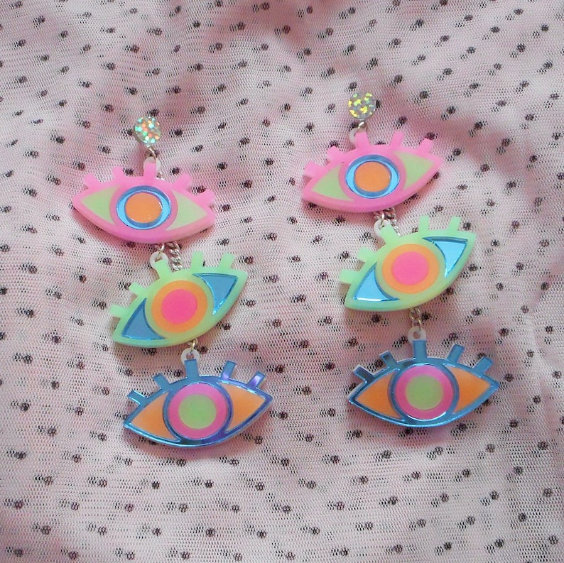 Colorful Neon Third Eye / Evil Eye Dangle Earrings with hypoallergenic Studs, Acrylic Earrings, Plastic Laser Cut Jewelry image 5