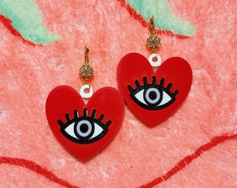 Heart and Eye Unique Statement Acrylic Earrings -- Red, Black and Gold Glitter Laser Cut / Plastic Earrings with Earring Hooks // Ear Wire