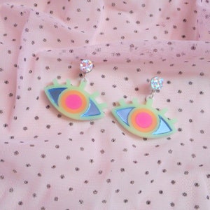 Colorful Neon Evil Eye Stud Earrings, Acrylic Earrings, Plastic Laser Cut Jewelry, Hypoallergenic image 4