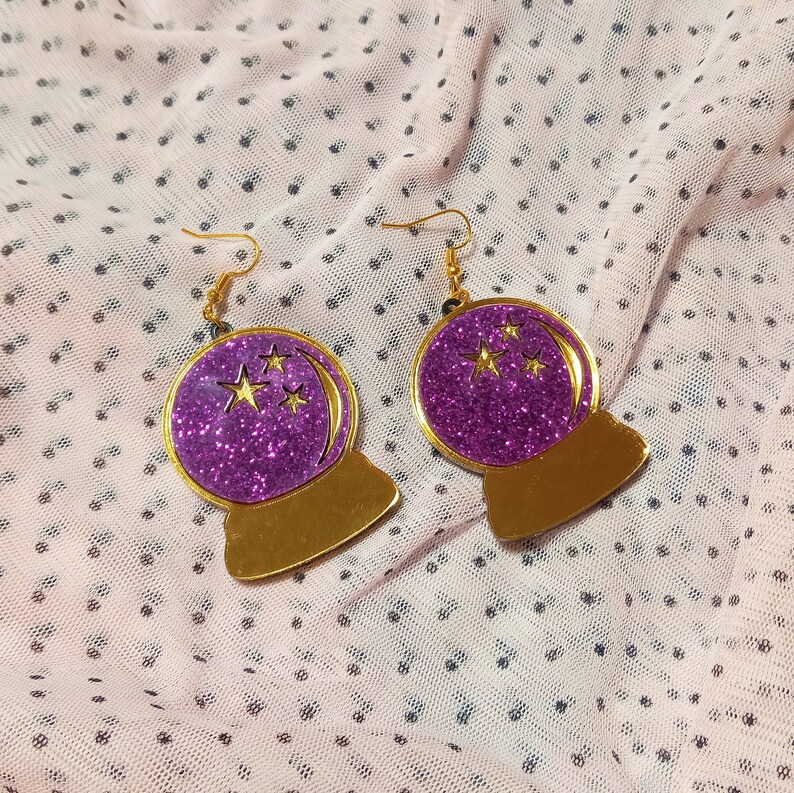 Glittery CRYSTAL BALL Emoji Earrings With Fuchsia and Gold Etsy