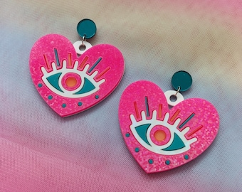 Glittery Pink Evil Eye Heart Earrings: Laser Cut Acrylic Studs