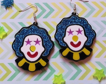 Colorful Circus CLOWN Acrylic Earrings in Red, White, Yellow, Glitter Blue, Black With Silver Hypoallergenic Earring Hooks